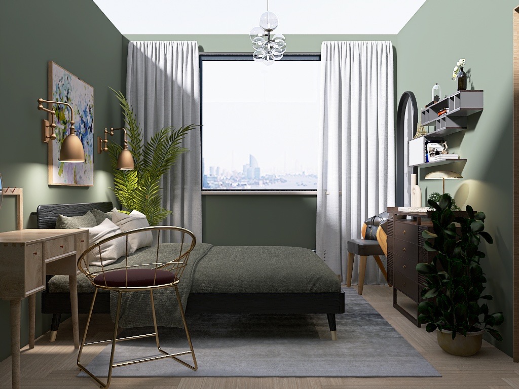 Green bedroom interior with a large window and layered furnishings